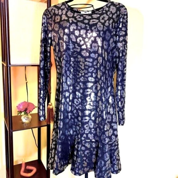 MICHAEL KORS BLACK & SILVER METALLIC LEOPARD PRINT SHIFT DRESS L NWT - Picture 2 of 16